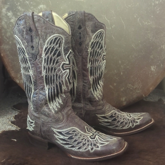 CORRAL A1197 Winged Cross taupe & black sequins cowgirl boots square toe sz10.5 - Picture 2 of 16